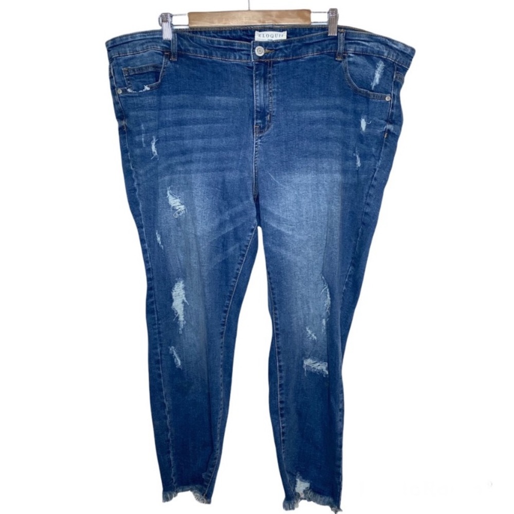 ELOQUII DENIM Distressed Skinny Raw Hem Jeans